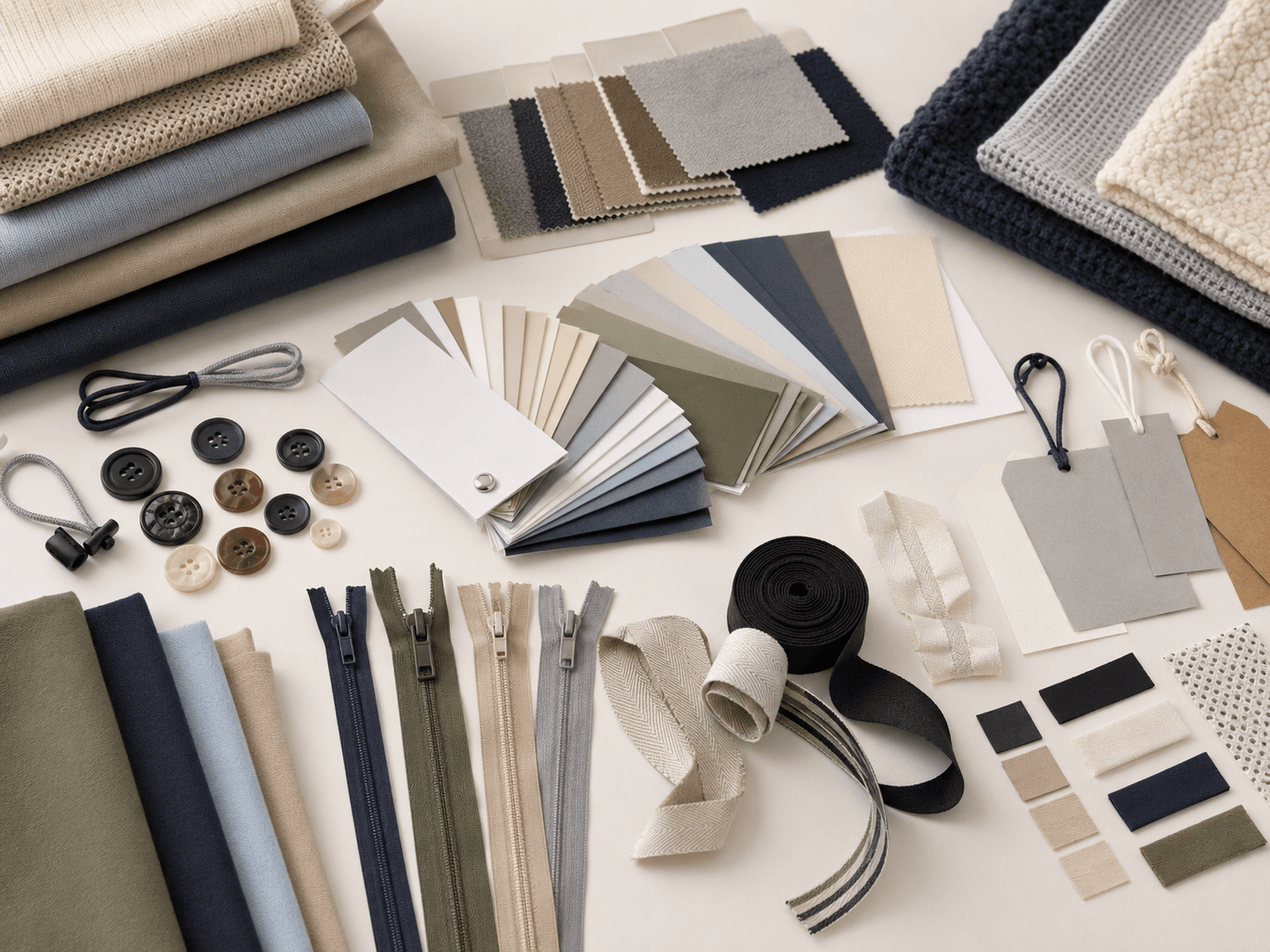 Fabric swatches, zippers, buttons, labels, and trims for custom apparel development