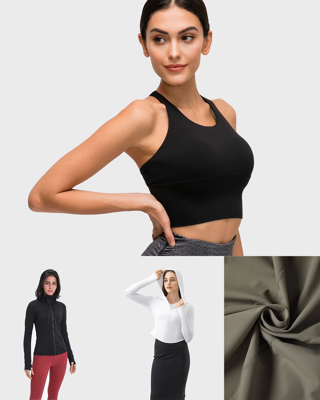 Women's activewear collage featuring sports bras, leggings, skirts, hooded jackets, and zipper details