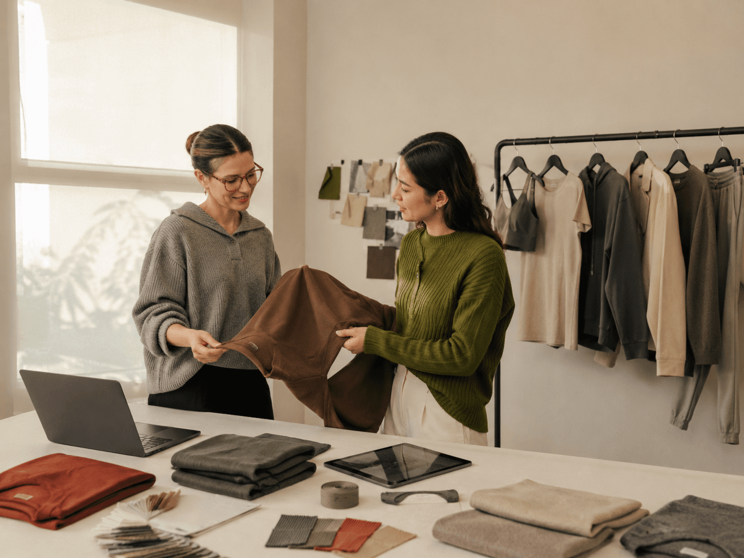 Apparel sourcing team reviewing a garment sample and material options