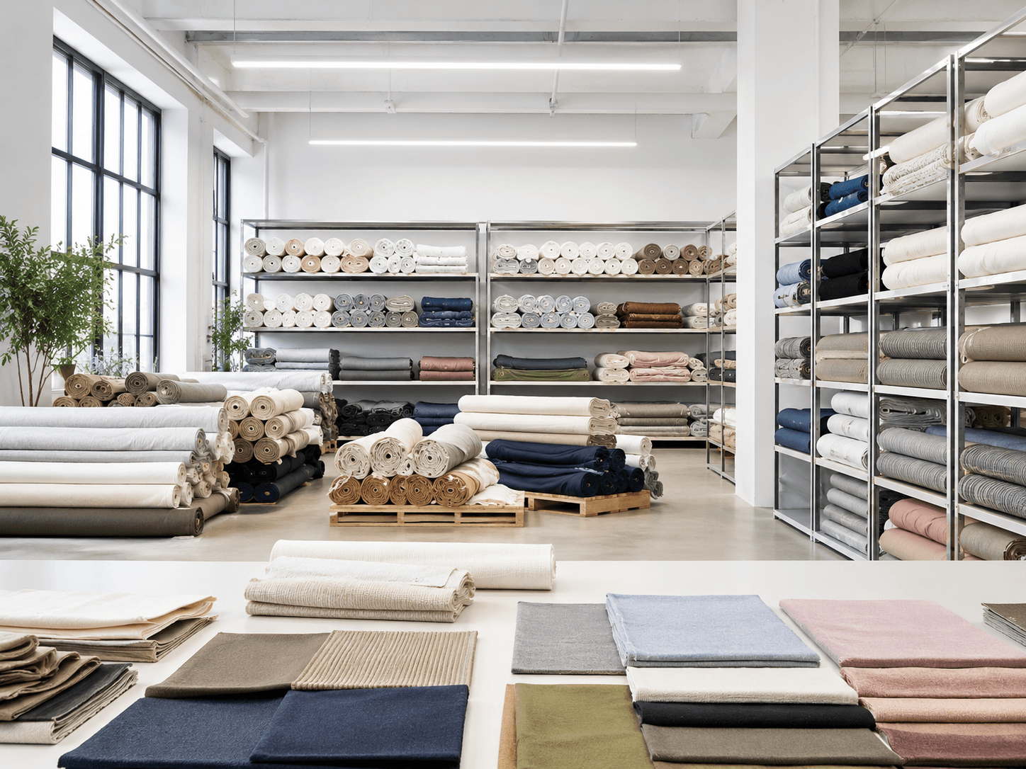 Textile inventory and fabric samples arranged for apparel sourcing